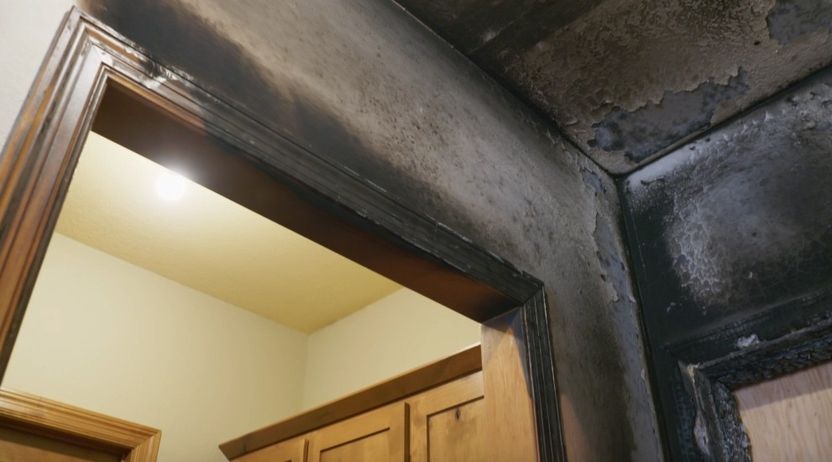 This photo how a steel fire door kept the flames in the garage from destroying the kitchen.