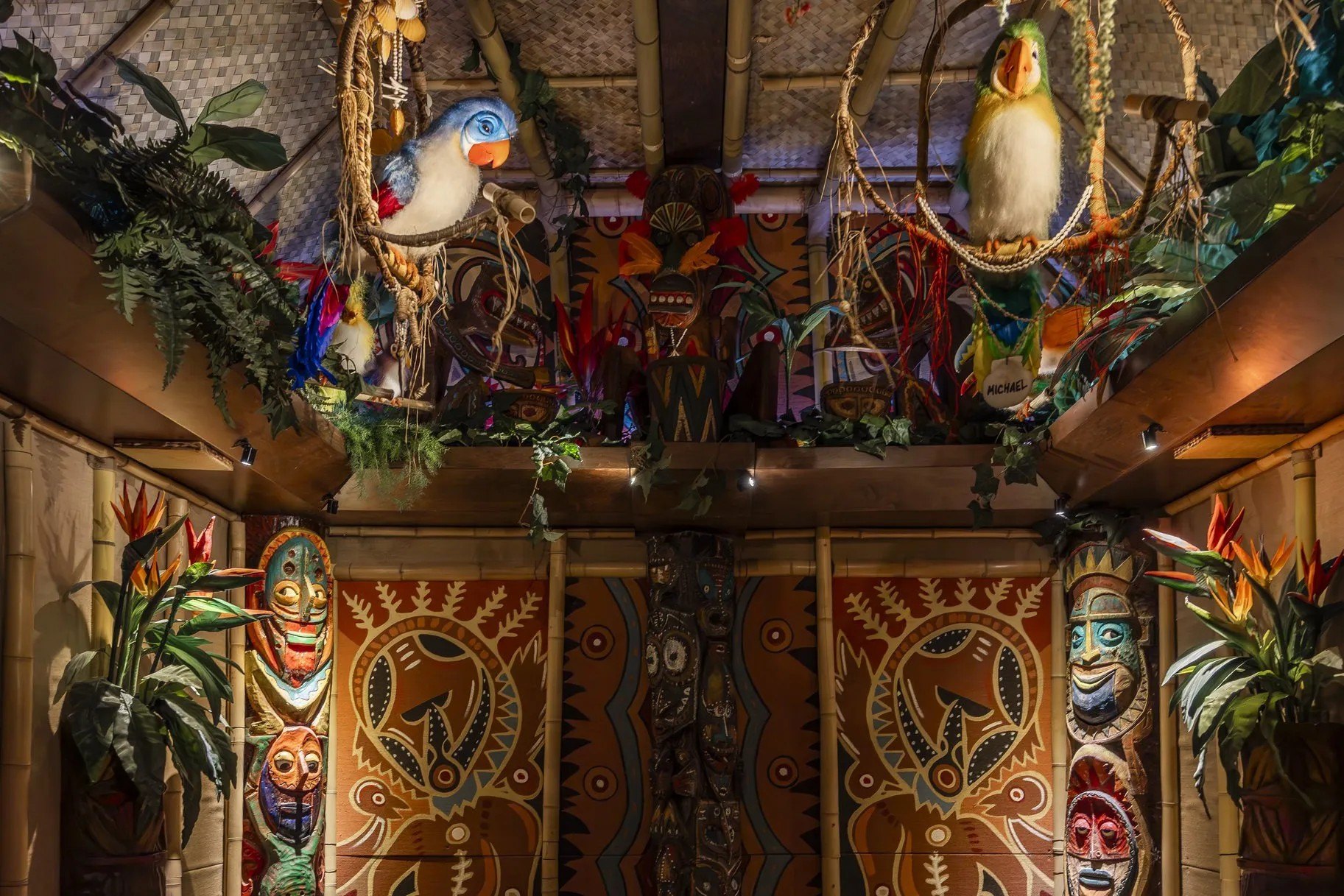 A replica of Disney's Tiki Room is a popular feature.