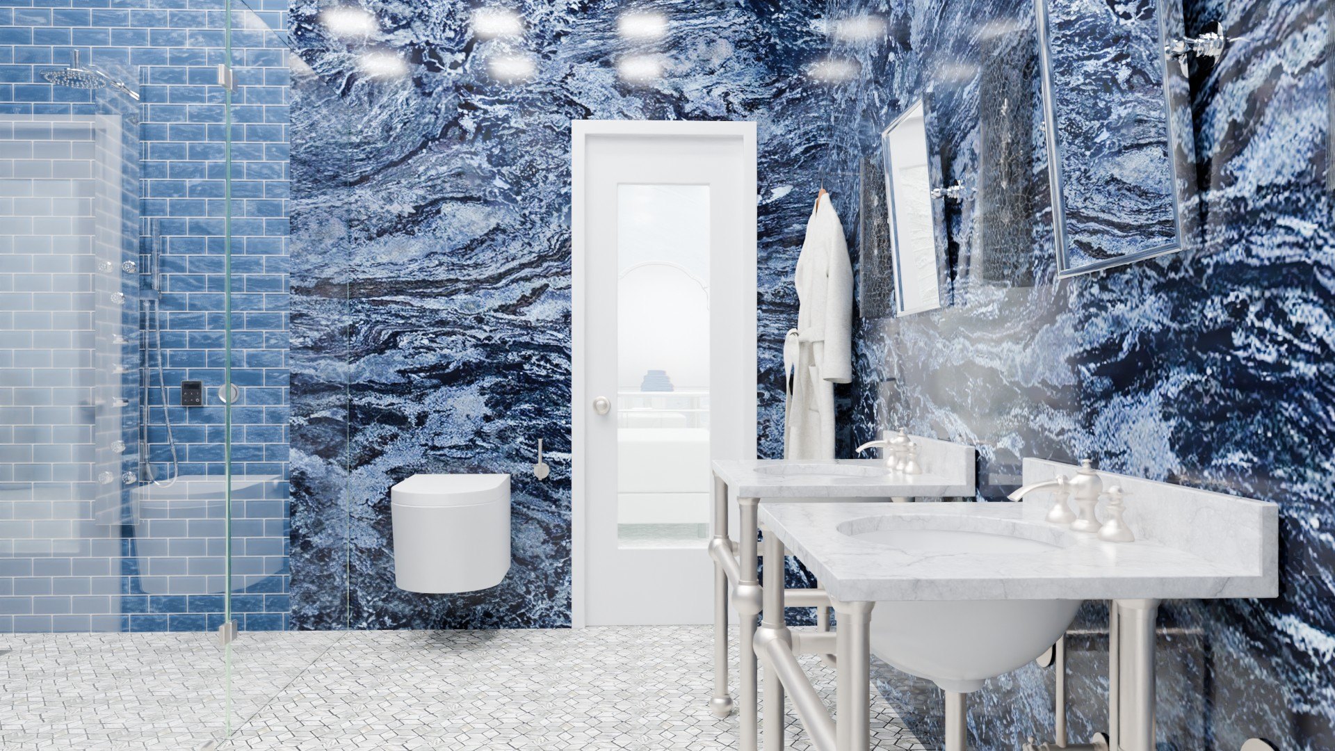 Blues, natural stones and glass were included to keep within a true Superman style, but with modern amenities.