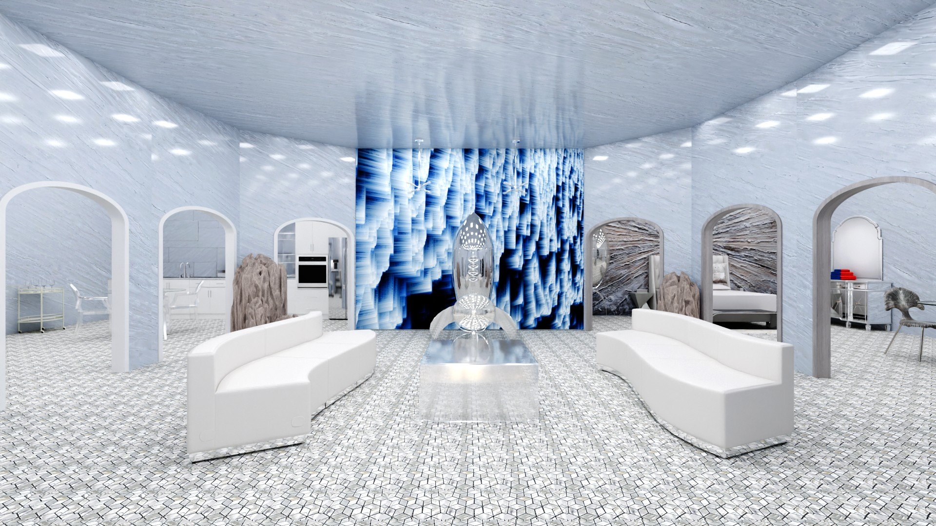 Finalist May Construction Inc. blended the icy tundra outside with the warm whites inside to convert a cozy atmosphere in their Fortress of Solitude.