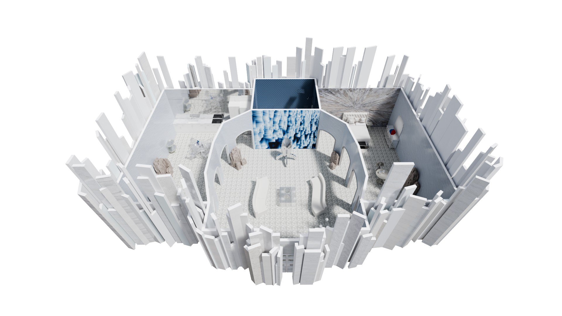 This design was intended to have a masculine, open, icy, loft vibe.