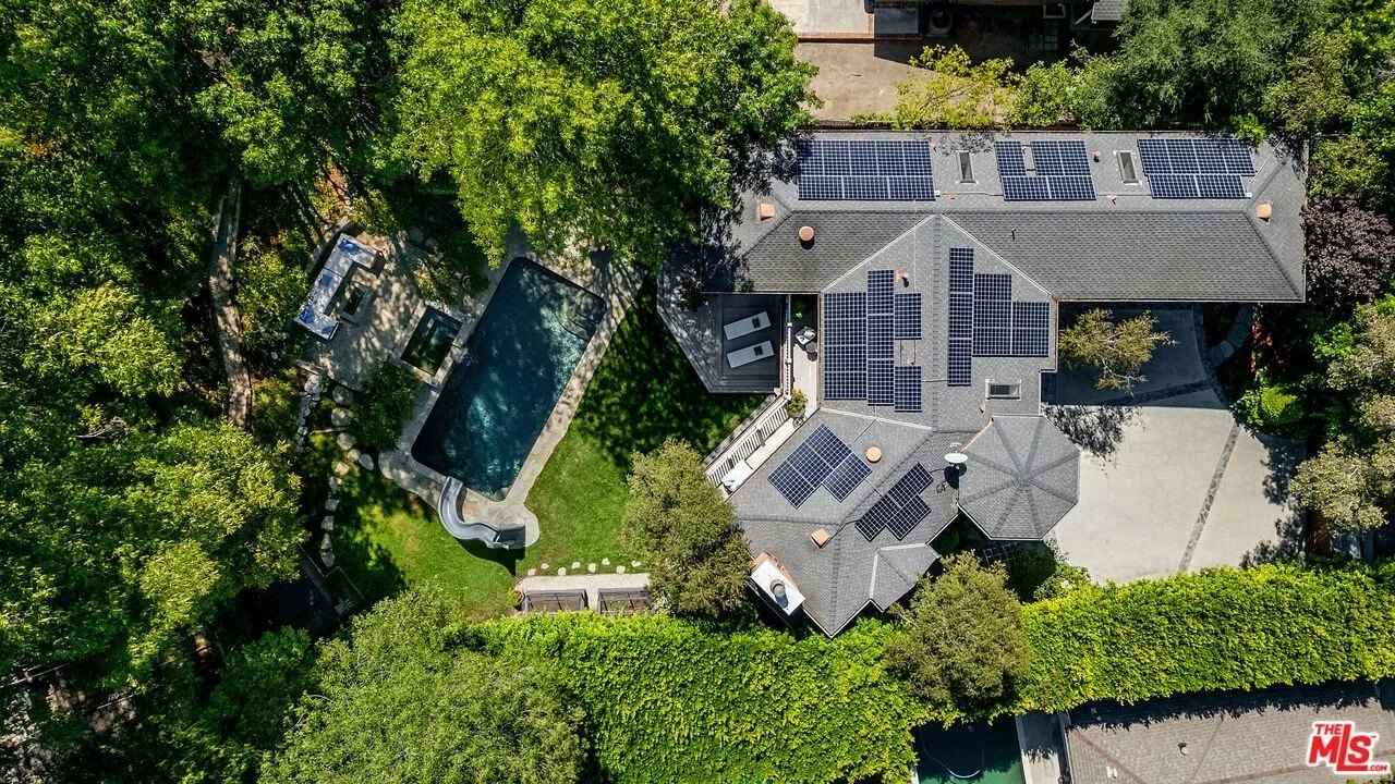 An overhead view shows the extensive solar power system that was recently installed.